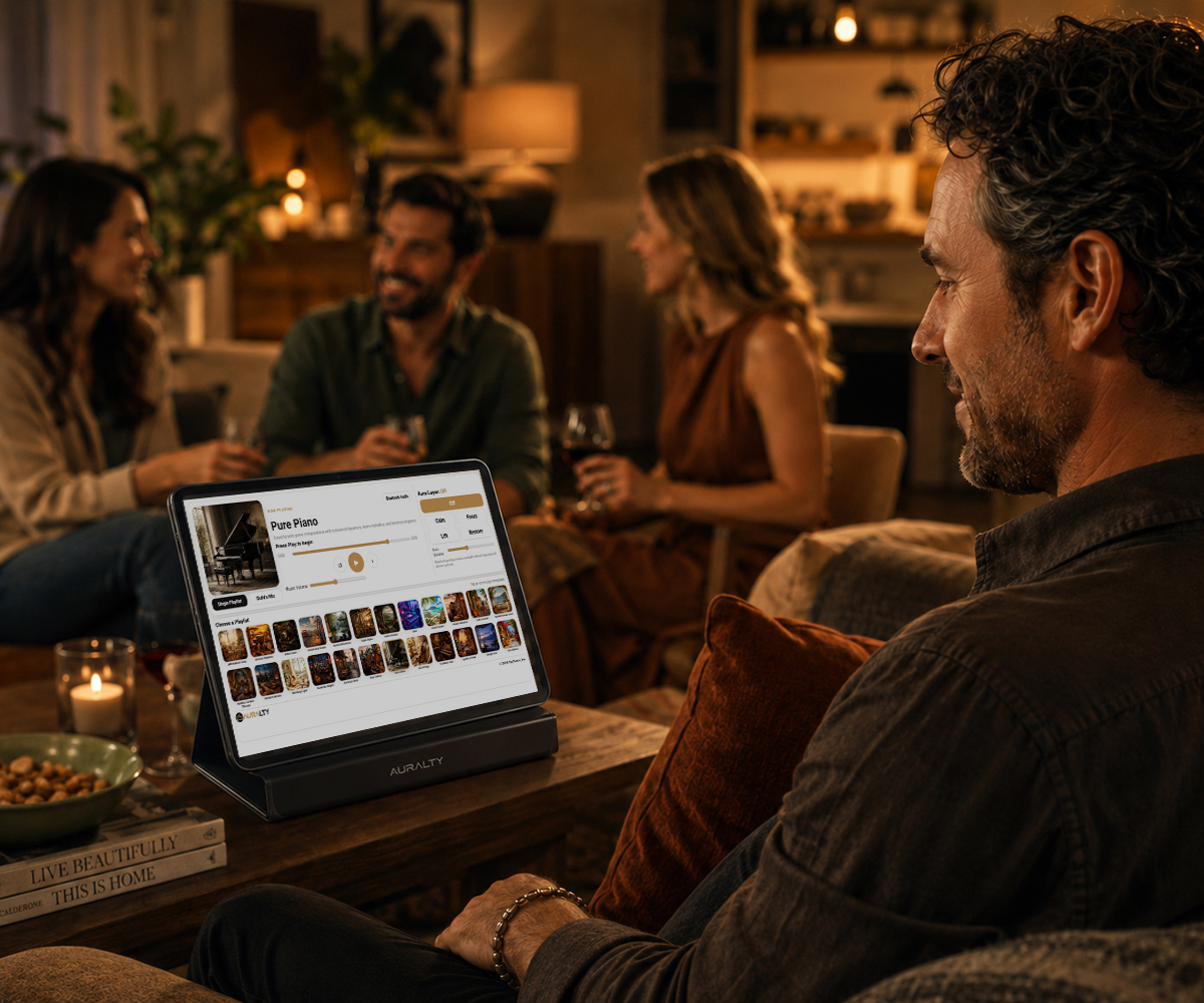 Auralty standalone player in a cozy social setting